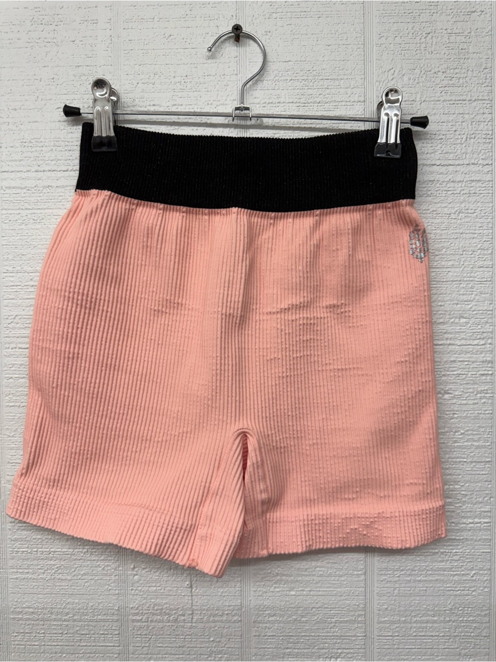 Free People Pink Ribbed High-Waist Shorts with Black Waistband